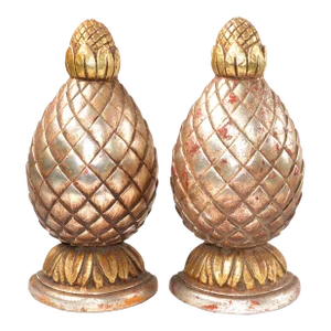 1960s Borghese Style Hand Painted Gold Leaf Finish Ceramic Pottery Embellishment Pineapple Bookends Pair