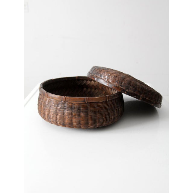 Brown Antique Chinese Bamboo Lidded Basket For Sale - Image 8 of 11