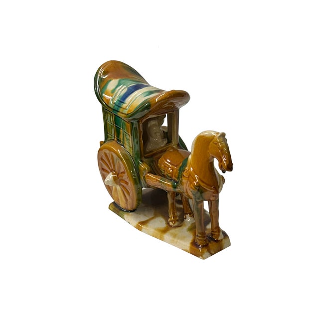 Asian Oriental Tri-Color Green White Yellow Ceramic Horse Cart Art Figure For Sale - Image 3 of 10