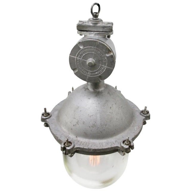 Vintage Industrial Silver Metal and Clear Glass Pendant Lights, 1950s For Sale - Image 4 of 7