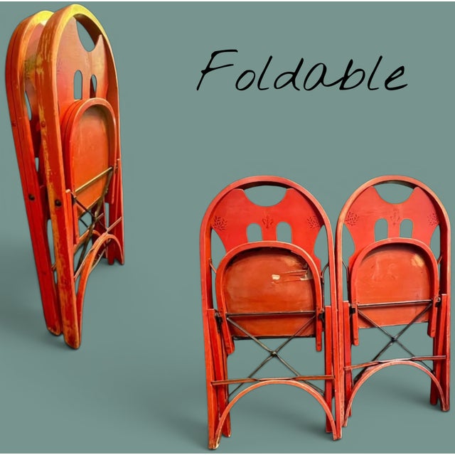 Pair 1920s-30s Rastetter Solid Kumfort Folding Chairs-Art Deco-Antique-Red Wood For Sale - Image 6 of 12