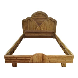 1980s Boho Chic Pencil Reed Rattan Gabriella Crespi Style Complete Queen Size Bed With Deco Lines - Set of 4 For Sale