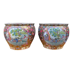 Large Chinese Export Style Famille Rose Planters / Jardinieres, Pair