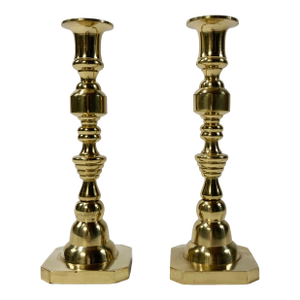 Antique English Brass Beehive Candlestick Holders, a Pair