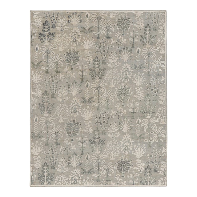 Rug & Kilim’s Modern Block Print Rug in Silver-Gray & Teal with Floral Patterns - 3x8 For Sale