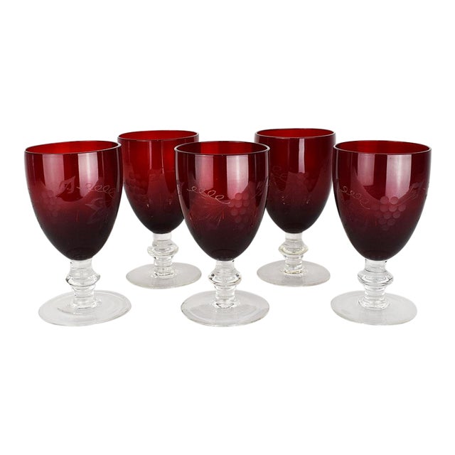 4 Ruby Red Wine Glasses , Pressed Glass With Barley Twist Stem 