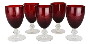 Ruby Red Etched Glass Stemmed Goblet Wine or Water Glasses With Grape Design