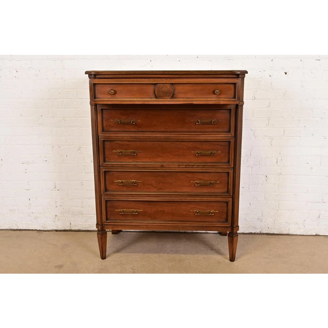 1960s Kent Coffey French Regency Louis XVI Carved Cherry and Burl Wood Highboy Dresser, Circa 1960s For Sale - Image 5 of 16