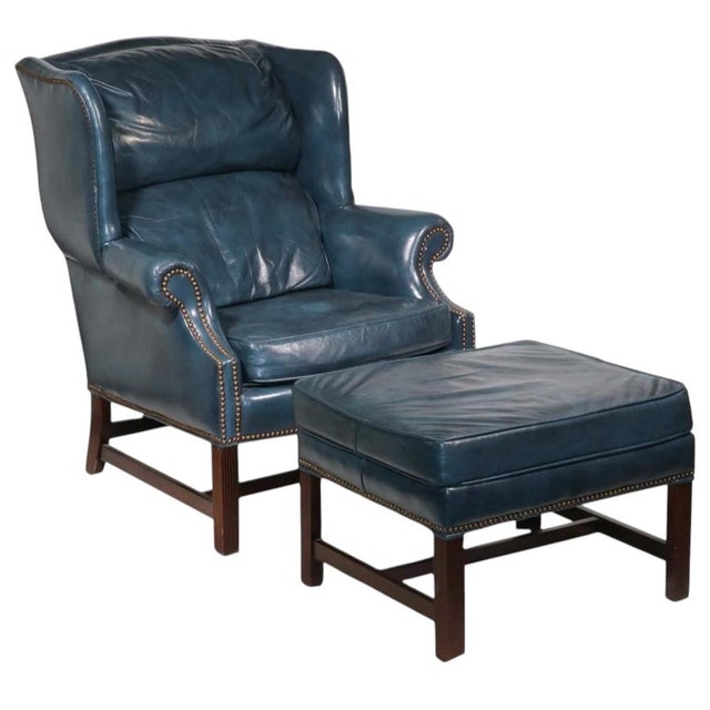 Animal Skin Experience Unparalleled Relaxation With a Vintage Two-Piece Classic Leather Wingback Chair & Ottoman For Sale - Image 7 of 7