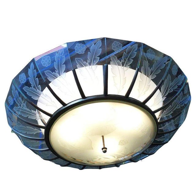 Unique custom-made Bespoke modernist bronze bowl chandelier made with a bronze frame and acid-etched glass slats featuring...