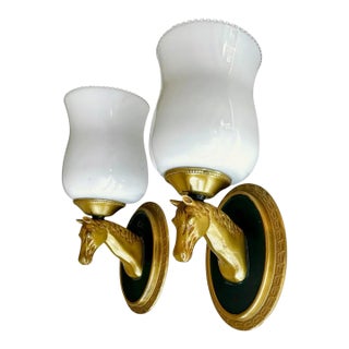 1950s French Neoclassical Brass Horse Sconces Opaline Shades by Maison Lancel - Pair For Sale