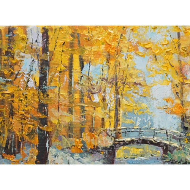 Original Oil Painting, a Stream and a Wooden Bridge in the Autumn Woods. For Sale - Image 4 of 5