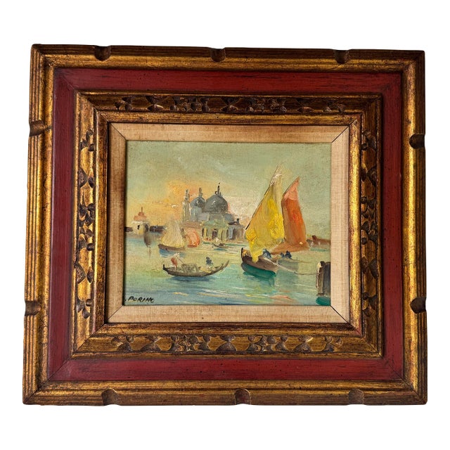 1970s Vintage Venice Coastal - Sailboat Landscape Scene Oil Painting by L. Porino For Sale