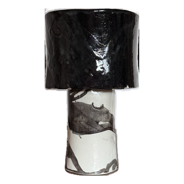 Black and White Ceramic Table Lamp Modern Sculptural Lamp in Dark Glaze, Minimalistic Art Lamp For Sale