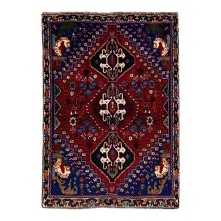 1960s Vintage Handmade Shiraz Red Geometric Wool Rug For Sale