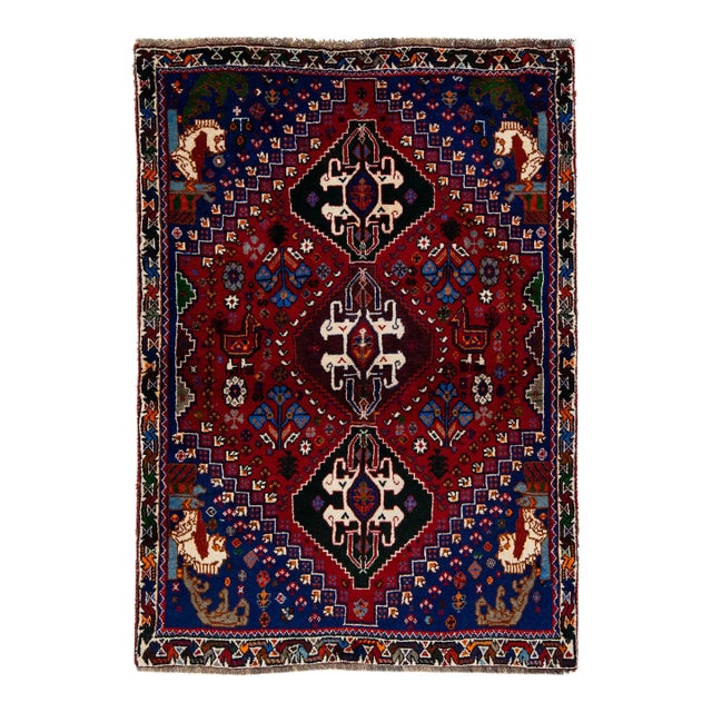 1960s Vintage Handmade Shiraz Red Geometric Wool Rug For Sale