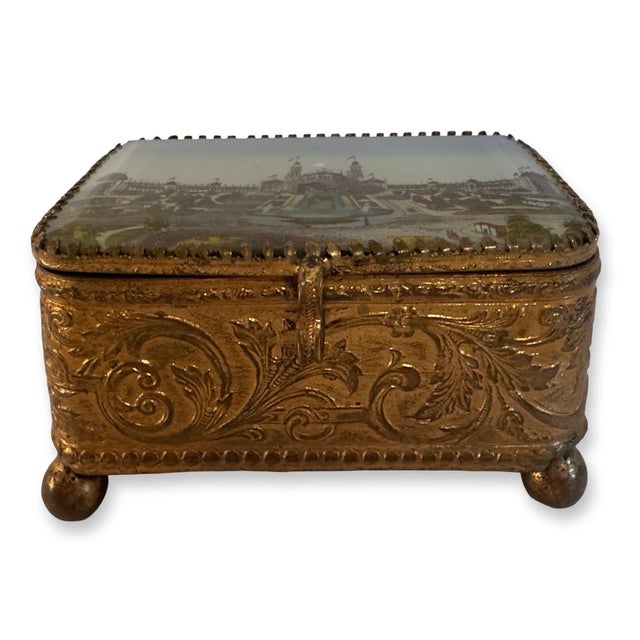 Antique Paris Trocadéro Palace Souvenir Jewelry Box, Gilt Brass & Beveled Glass, C. 1890–1900 For Sale - Image 9 of 11