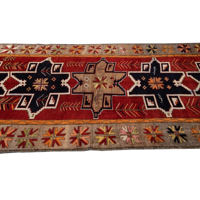 1960s 1960s Vintage Azeri Handmade Red Tribal Wool Runner For Sale - Image 5 of 9
