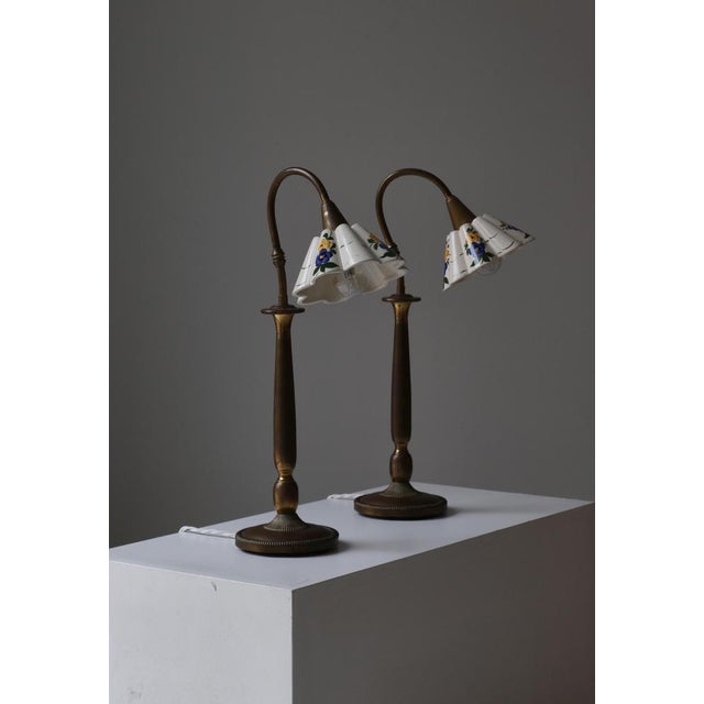 Scandinavian Flower Table Lamps in Brass and Faience by Svend Mejlstrøm, 1960s, Set of 2 For Sale - Image 15 of 18