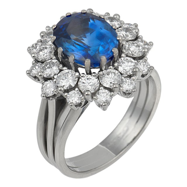 1950s Mid Century Gia 3.50 Carat Ceylon Sapphire Diamond 18k White Gold Cluster Ring, Size 5 For Sale