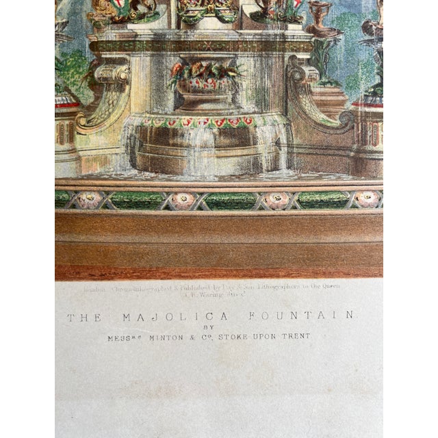 Original 19th-century English chromolithograph depicting the celebrated “Majolica Fountain” by Minton & Co. of Stoke-upon-...