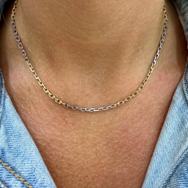 Metal 18k Yellow Gold & Sterling Silver Two Tone Choker Rolo Cable Link Chain Necklace For Sale - Image 7 of 7