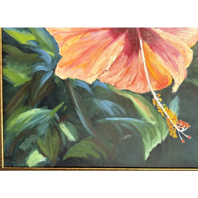Green Original Signed and Framed Painting on Canvas 'Pretty Hibiscus' For Sale - Image 8 of 14