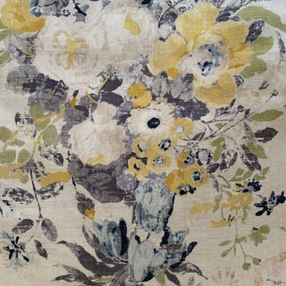 P Kaufmann Braemore Lisette Buttercup Blue Yellow Ivory Floral Bouquet Linen Fabric- 1 Yard For Sale