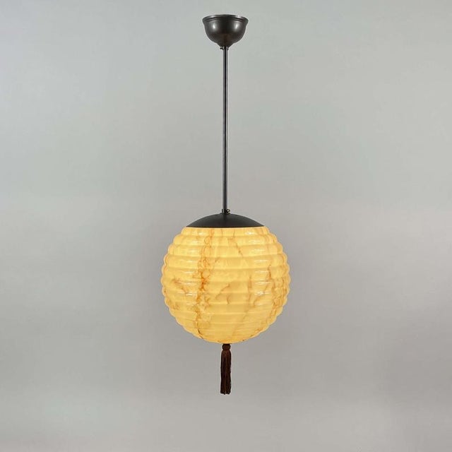 1930s Opaline Glass and Burnished Brass Beehive Ball Pendant, Germany, 1930s For Sale - Image 5 of 18