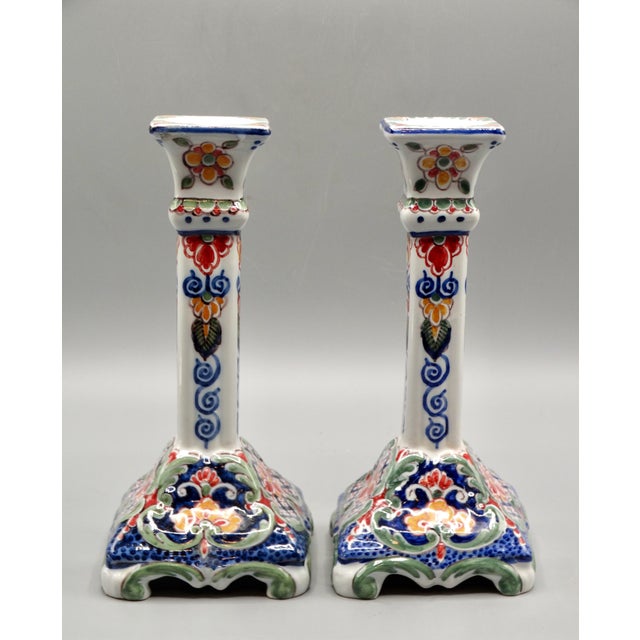Blue Dutch Delft Makkum Polychrome Candle Holders, a Pair For Sale - Image 8 of 10