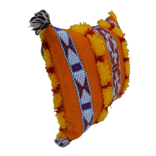 Moroccan Vintage Moroccan Orange & Blue Stripes Wool Pillow For Sale - Image 3 of 10