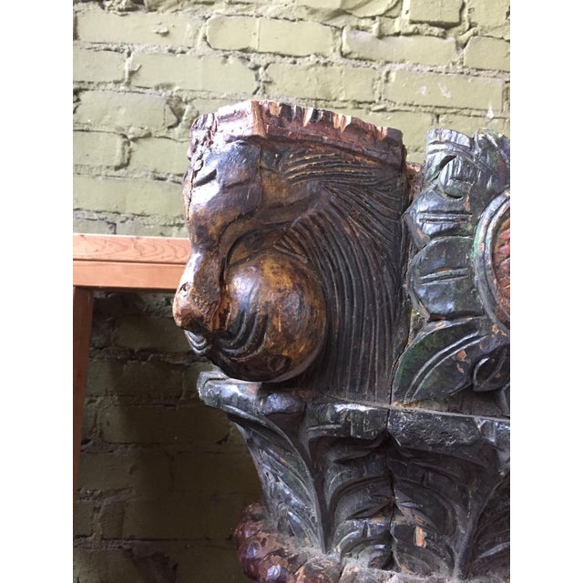 1930s Vintage Painted and Heavily Carved Teak Wood Columns With Lions - a Pair For Sale - Image 10 of 13