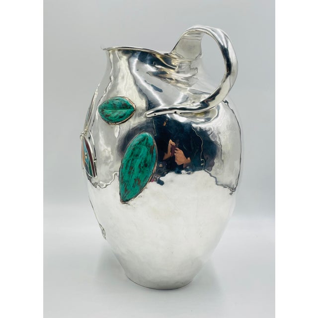 1980s Emilia Castillo Oversized Silver Pitcher With Stone Inlay, Taxco Silversmithing For Sale - Image 10 of 14