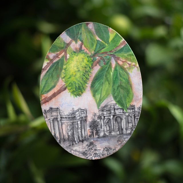 This mixed media artwork features a vibrant soursop fruit nestled among lush green leaves, juxtaposed against a backdrop...