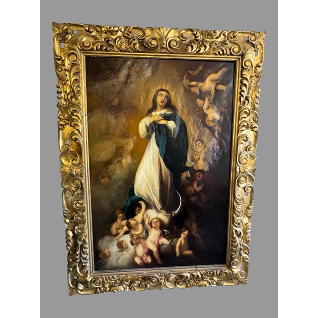 Late 19th Century Large Italian Gilt Framed Religious Oil Painting – Immaculate Conception After Murillo – Florence, Italy For Sale - Image 11 of 11