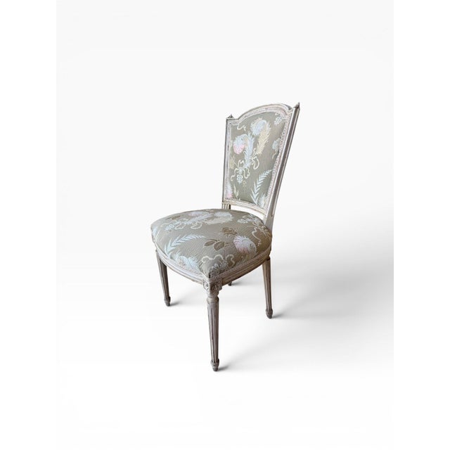 Pair of Vintage Louis XVI Style Painted Dining Chairs With Sage & Blush Jacquard Upholstery For Sale In Miami - Image 6 of 10