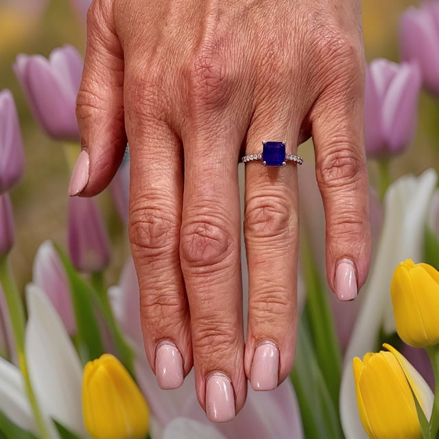 Blue Natural Sapphire Diamond Ring 14k W Gold 3.18 TCW Certified, , Size 7 For Sale - Image 8 of 18