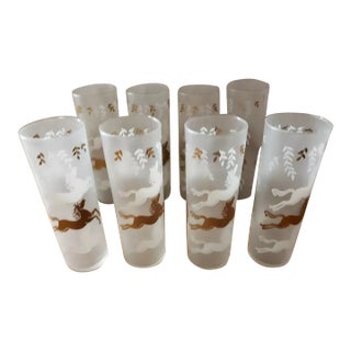 1960s Libbey Cavalcade Frosted Tall Gold & White Horse Tom Collins Glasses- Set of 8 For Sale