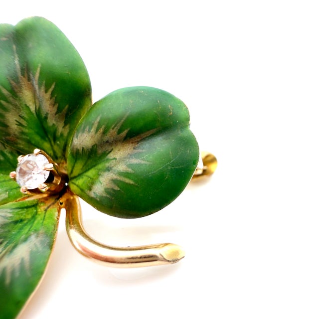 American Antique Krementz & Co. 14k Four Leaf Clover, Old European Cut Diamond, Brooch For Sale - Image 3 of 13