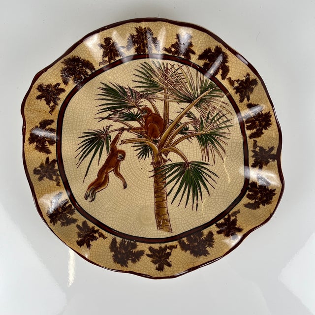 20th Century Crackle-Glazed Earthenware Dish with Exotic Decoration of Monkeys and Palm Trees, 1940s For Sale - Image 9 of 9