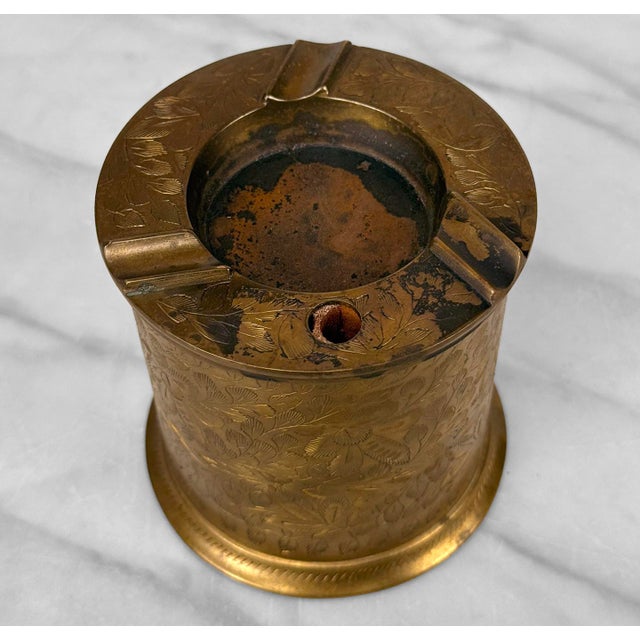 Vintage Middle Eastern Etched Brass Cigarette Humidor Canister W/ Ashtray For Sale - Image 6 of 9