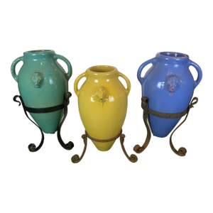 Colorful Oil Jars in Stands - Set of Three From the 1920's