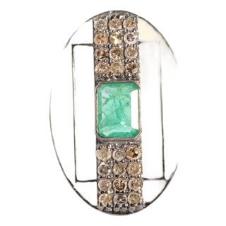 1990s Emerald, Diamond and White Enamel Cocktail Ring, Size 7.25 For Sale