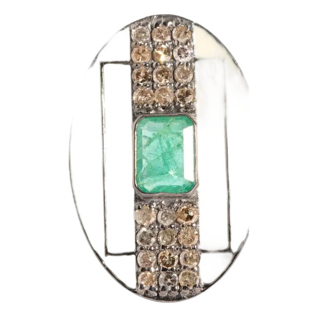 1990s Emerald, Diamond and White Enamel Cocktail Ring, Size 7.25 For Sale