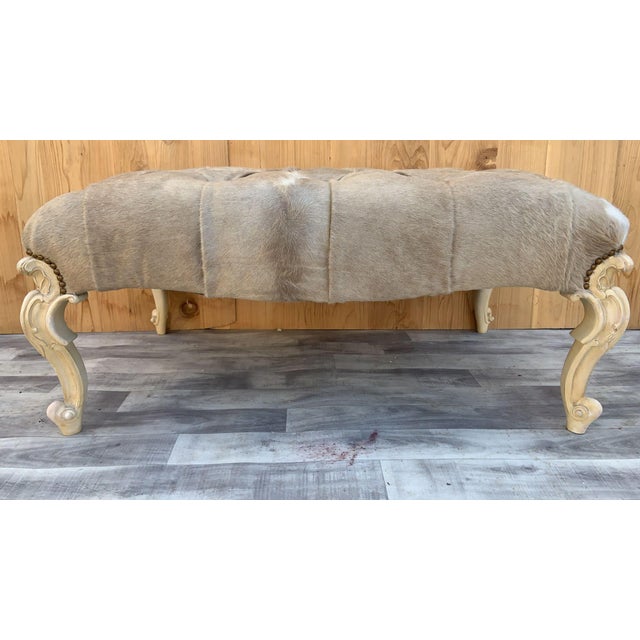 Vintage French Provincial Style Tufted Ottoman Newly Reupholstered in Cowhide For Sale - Image 4 of 7