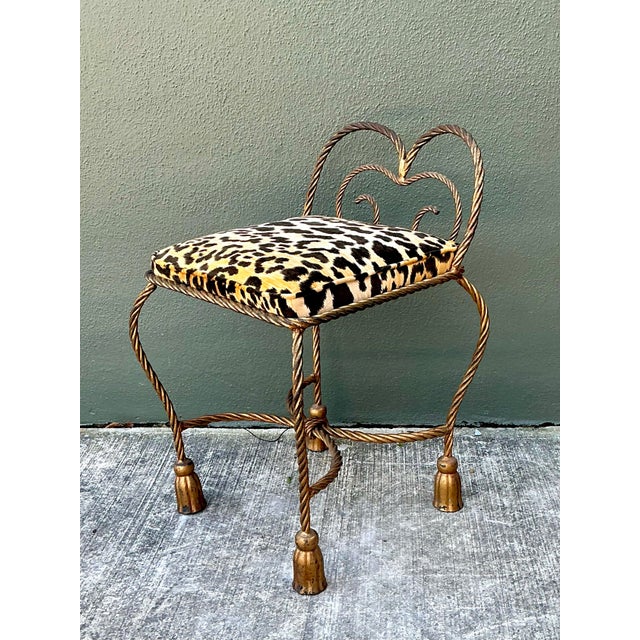French Vintage Twisted Rope and Tassel Vanity Stool For Sale - Image 3 of 12