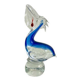 Blown Glass Blue Pelican Art Sculpture With Red Fish, Murano Style For Sale