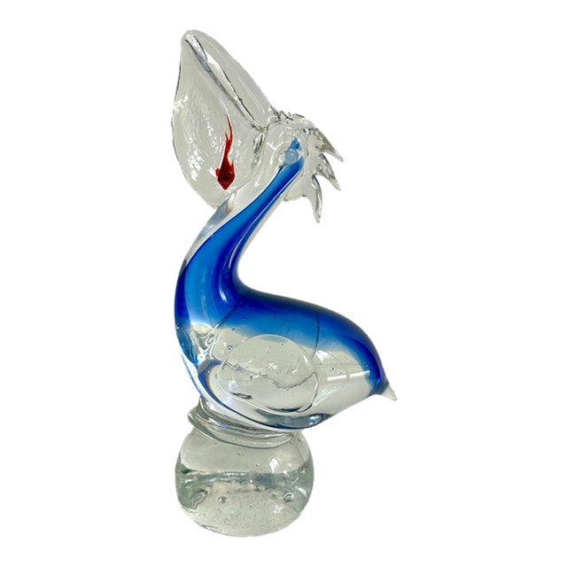 Blown Glass Blue Pelican Art Sculpture With Red Fish, Murano Style For Sale