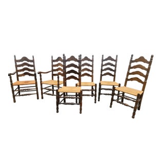 Set of 6 Vintage Ladder Back Dining Chairs With Rush Seats, French Country Cottage Style For Sale