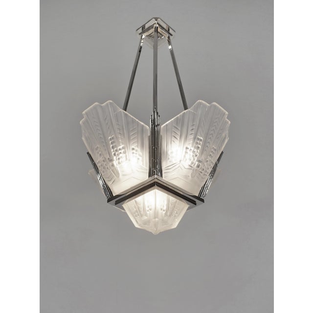 Art Deco Jean Gauthier Ejg French Art Deco Nickeled Bronze & Frosted Glass Chandelier 1930s For Sale - Image 3 of 11